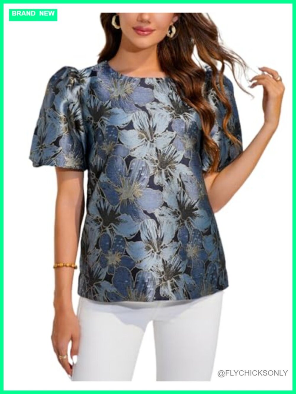 Kedera Floral Jacquard Puff Sleeve Button Down Blouse Work Top